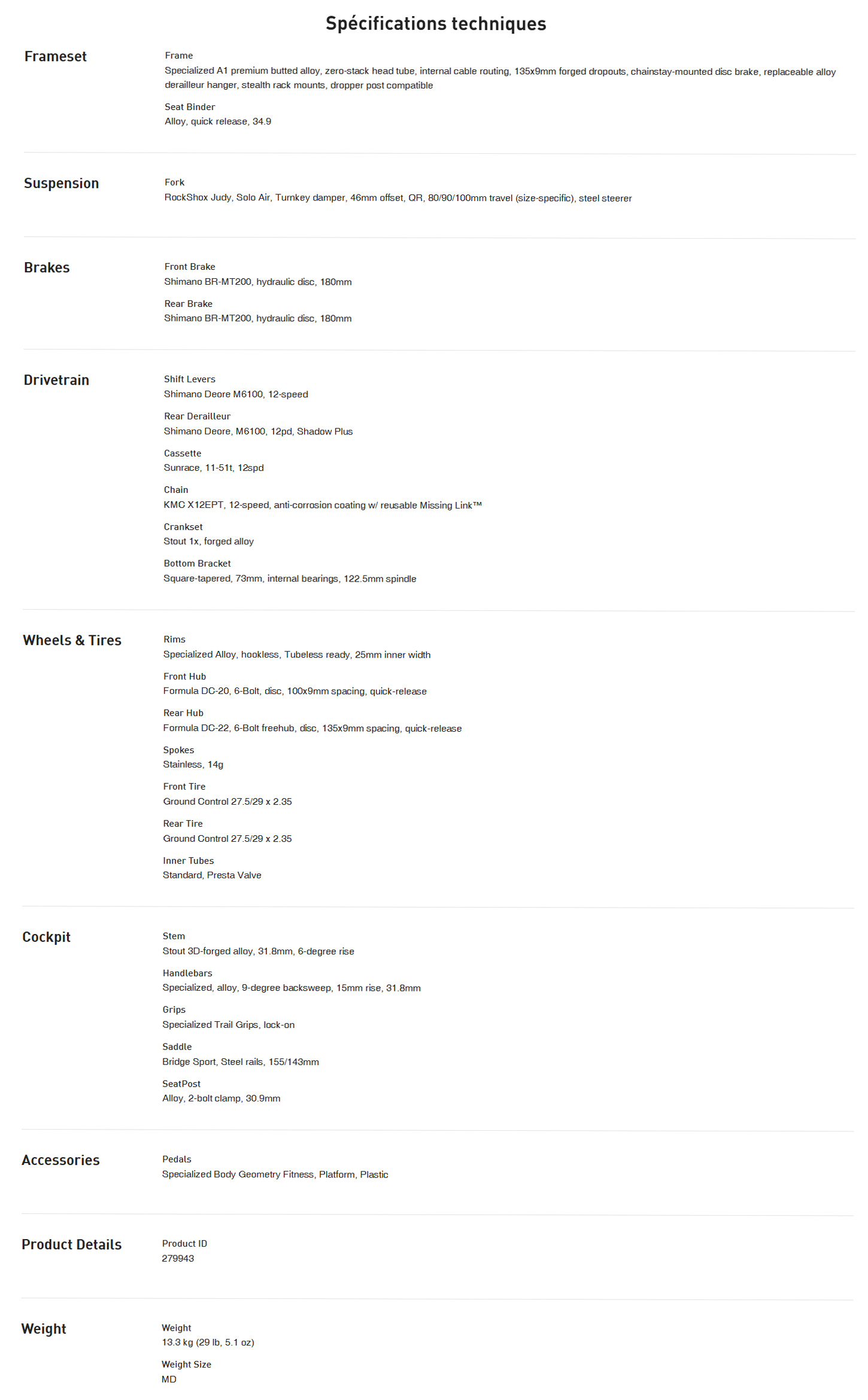 Caracteristique technique du vélo Rockhopper Comp année 2026